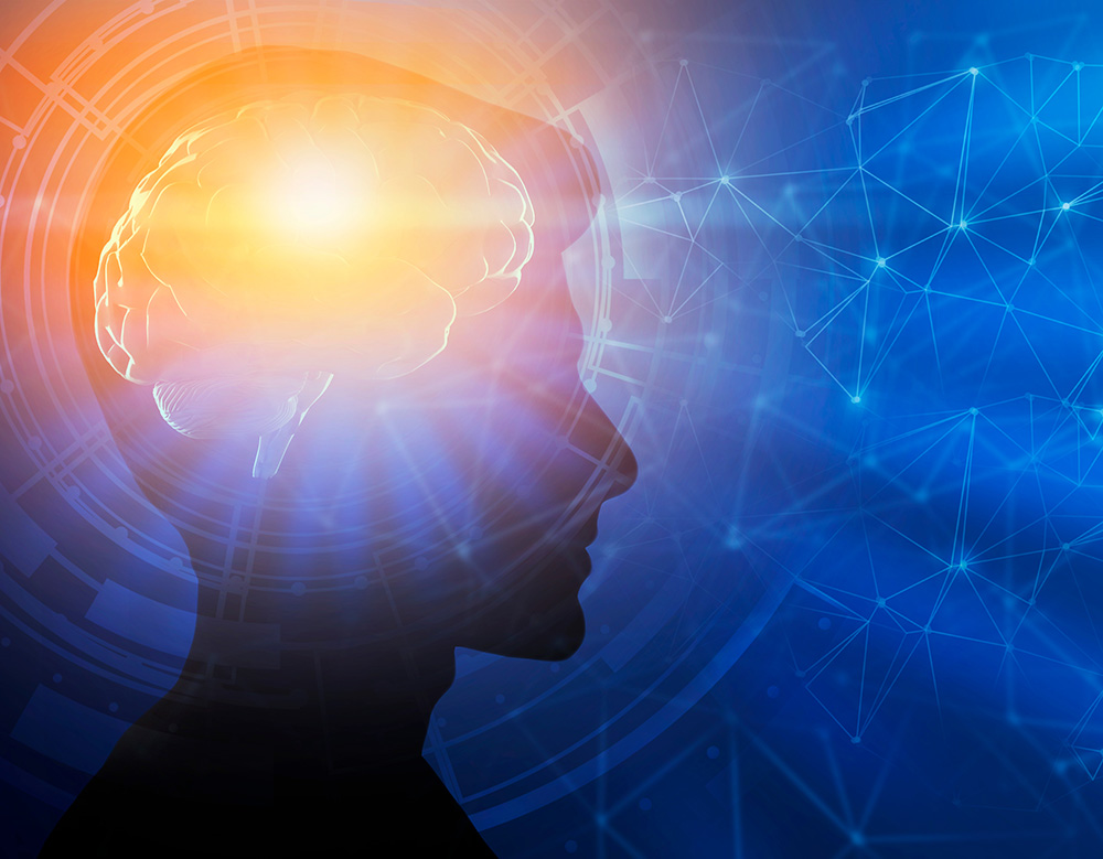 Digital rendering of a human's head, with the light shining in the brain